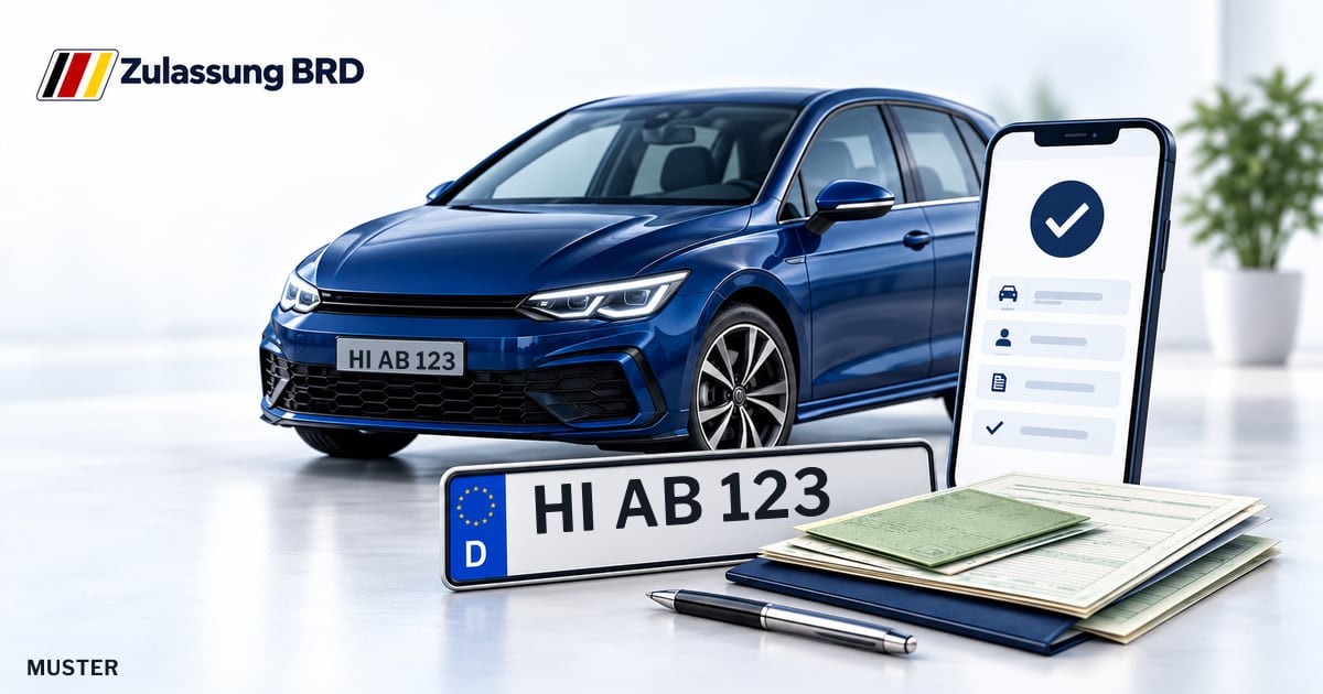 Online Fahrzeugzulassung in Gronau (Leine): Musterkennzeichen HI AB 123, Auto und Fahrzeugpapiere und Smartphone. Illustration mit Logo von Zulassung BRD.
